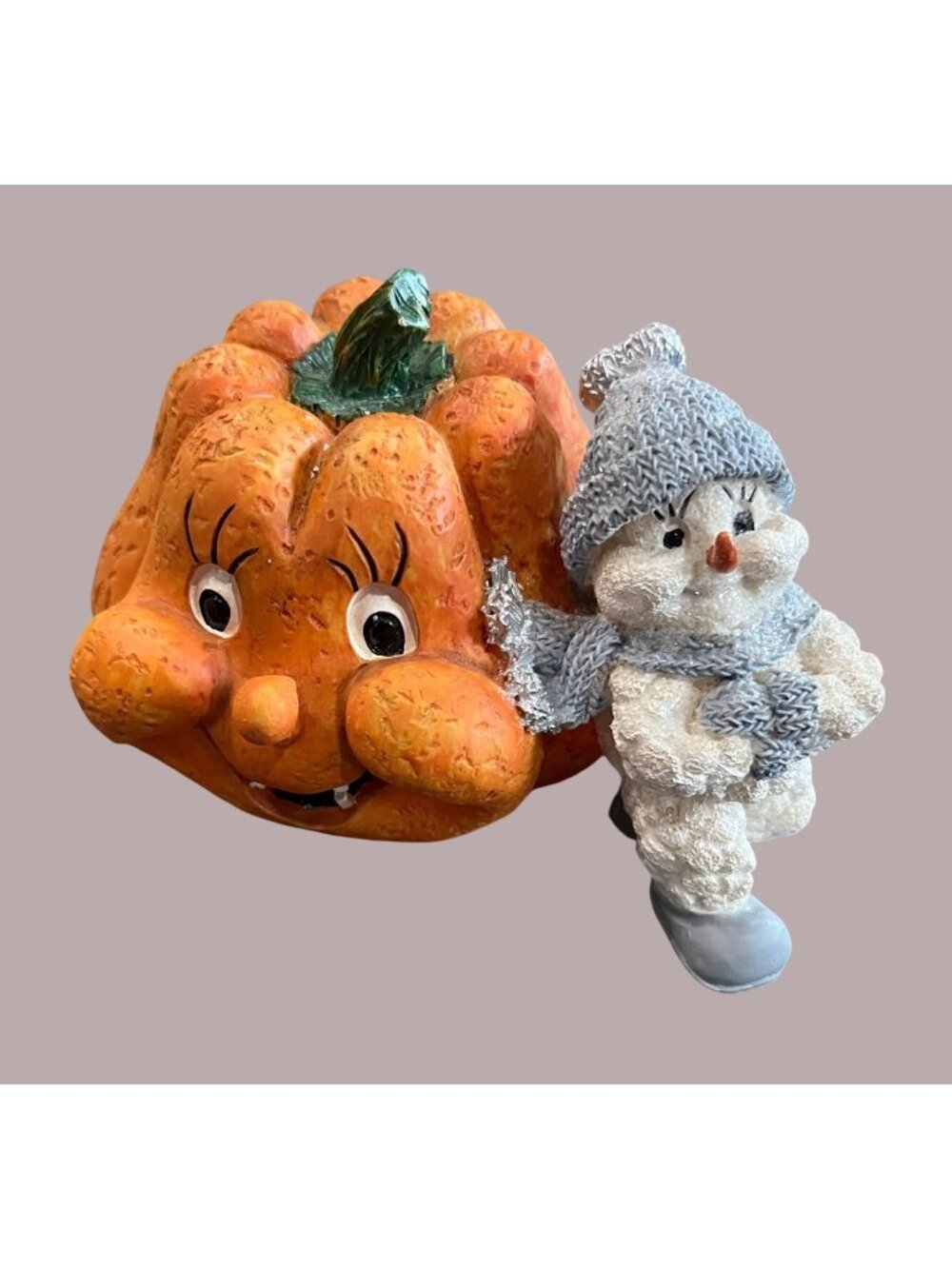 Pumpkin & Snowman Figurine With Whimsical Design - Hand-Painted Resin Décor For